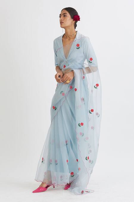 Peeli Dori_Blue Silk Organza Embroidery V Neck Saree With Blouse _Online_at_Aza_Fashions