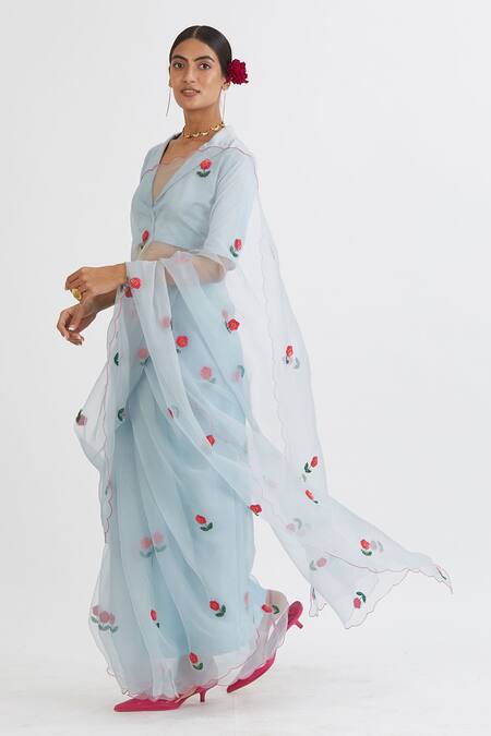 Buy_Peeli Dori_Blue Silk Organza Embroidery V Neck Saree With Blouse _Online_at_Aza_Fashions