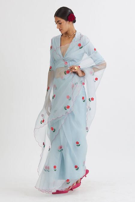 Shop_Peeli Dori_Blue Silk Organza Embroidery V Neck Saree With Blouse _Online_at_Aza_Fashions