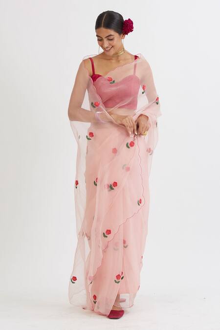 Peeli Dori Pink Silk Organza Embroidery Sweetheart Neck Saree With Blouse