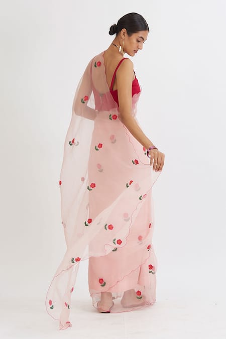 Shop Peeli Dori Pink Silk Organza Embroidery Sweetheart Neck Saree With Blouse at Aza Fashions Shop_Peeli Dori_Pink Silk Organza Embroidery Sweetheart Neck Saree With Blouse _at_Aza_Fashions