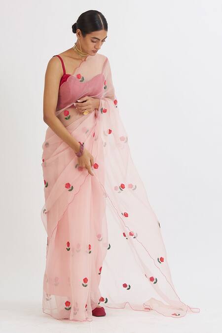 Peeli Dori Pink Silk Organza Embroidery Sweetheart Neck Saree With Blouse Online at Aza Fashions Peeli Dori_Pink Silk Organza Embroidery Sweetheart Neck Saree With Blouse _Online_at_Aza_Fashions