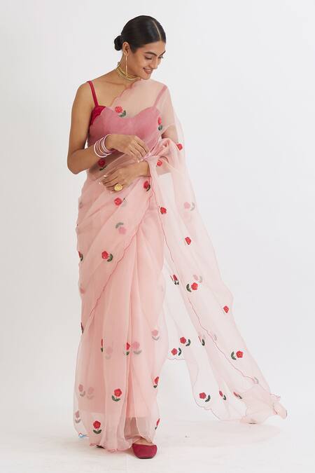Buy Peeli Dori Pink Silk Organza Embroidery Sweetheart Neck Saree With Blouse Online at Aza Fashions Buy_Peeli Dori_Pink Silk Organza Embroidery Sweetheart Neck Saree With Blouse _Online_at_Aza_Fashions