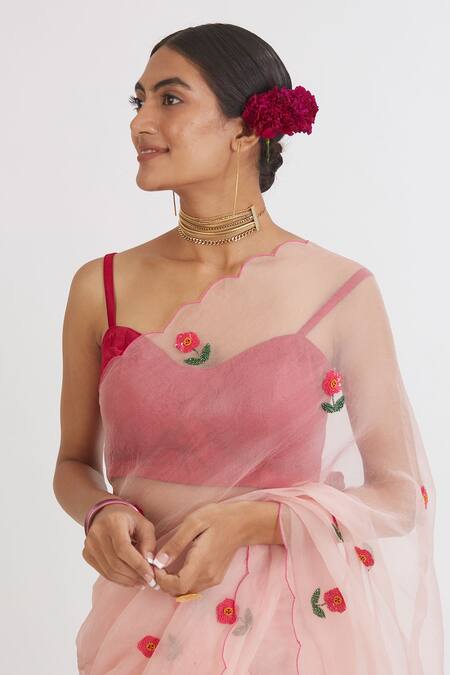 Peeli Dori Pink Silk Organza Embroidery Sweetheart Neck Saree With Blouse at Aza Fashions Peeli Dori_Pink Silk Organza Embroidery Sweetheart Neck Saree With Blouse _at_Aza_Fashions