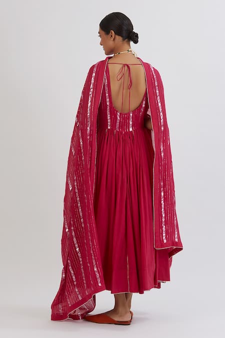 Shop Peeli Dori Pink Rose Cotton Embroidery V Neck Gota Anarkali With Dupatta at Aza Fashions Shop_Peeli Dori_Pink Rose Cotton Embroidery V Neck Gota Anarkali With Dupatta _at_Aza_Fashions