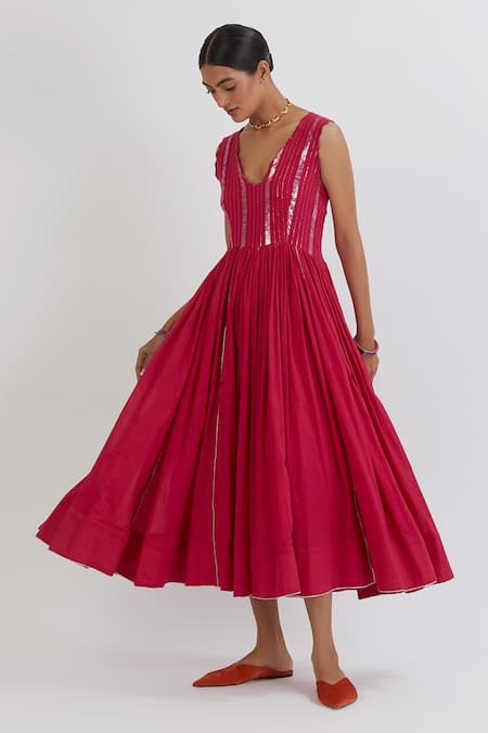 Peeli Dori Pink Rose Cotton Embroidery V Neck Gota Anarkali With Dupatta Online at Aza Fashions Peeli Dori_Pink Rose Cotton Embroidery V Neck Gota Anarkali With Dupatta _Online_at_Aza_Fashions