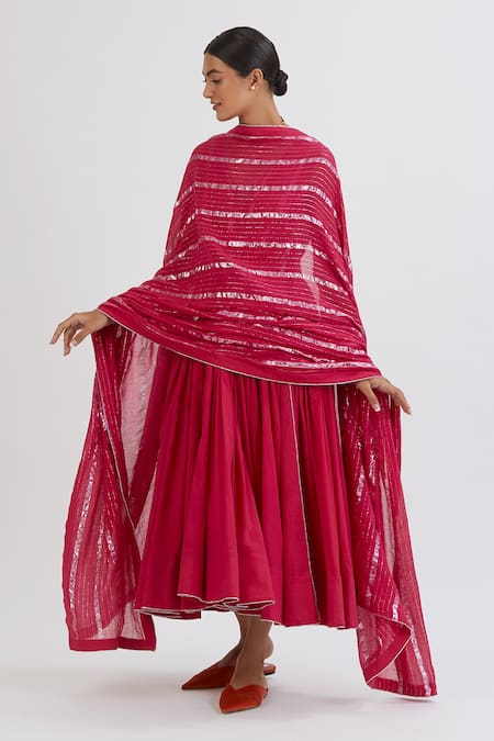 Buy Peeli Dori Pink Rose Cotton Embroidery V Neck Gota Anarkali With Dupatta Online at Aza Fashions Buy_Peeli Dori_Pink Rose Cotton Embroidery V Neck Gota Anarkali With Dupatta _Online_at_Aza_Fashions