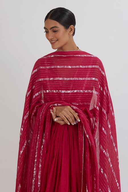 Shop Peeli Dori Pink Rose Cotton Embroidery V Neck Gota Anarkali With Dupatta Online at Aza Fashions Shop_Peeli Dori_Pink Rose Cotton Embroidery V Neck Gota Anarkali With Dupatta _Online_at_Aza_Fashions