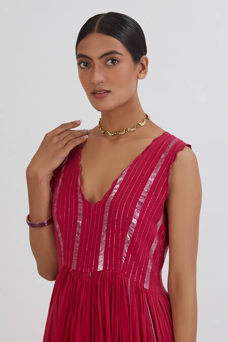 Peeli Dori Pink Rose Cotton Embroidery V Neck Gota Anarkali With Dupatta at Aza Fashions Peeli Dori_Pink Rose Cotton Embroidery V Neck Gota Anarkali With Dupatta _at_Aza_Fashions