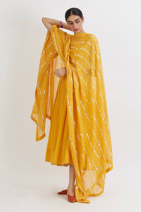 Buy Peeli Dori Yellow Rose Cotton Embroidery V Neck Gota Anarkali With Dupatta Online at Aza Fashions Buy_Peeli Dori_Yellow Rose Cotton Embroidery V Neck Gota Anarkali With Dupatta _Online_at_Aza_Fashions