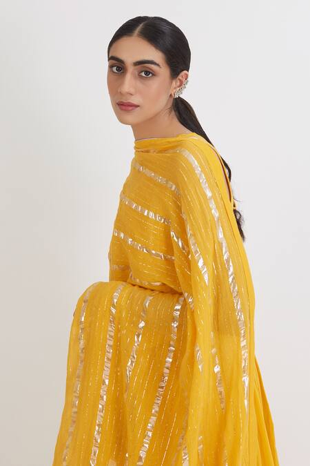 Peeli Dori Yellow Rose Cotton Embroidery V Neck Gota Anarkali With Dupatta at Aza Fashions Peeli Dori_Yellow Rose Cotton Embroidery V Neck Gota Anarkali With Dupatta _at_Aza_Fashions