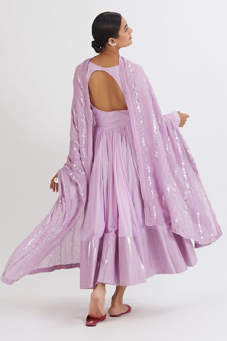 Shop Peeli Dori Purple Rose Cotton Embroidery Round Gota Anarkali With Dupatta at Aza Fashions Shop_Peeli Dori_Purple Rose Cotton Embroidery Round Gota Anarkali With Dupatta _at_Aza_Fashions