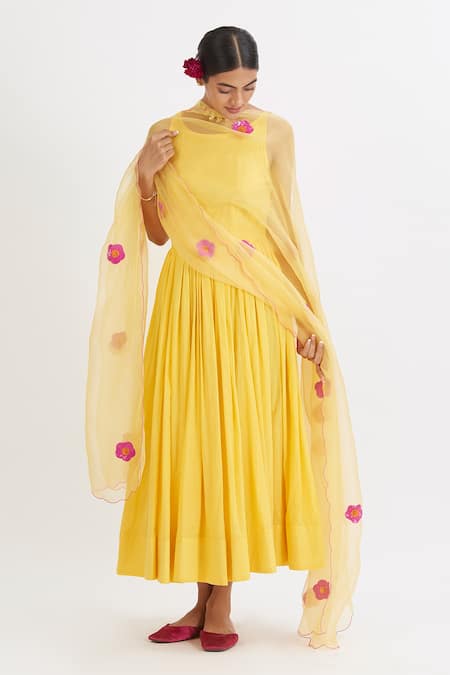 Peeli Dori Yellow Rose Cotton Embroidery Round Anarkali With Dupatta