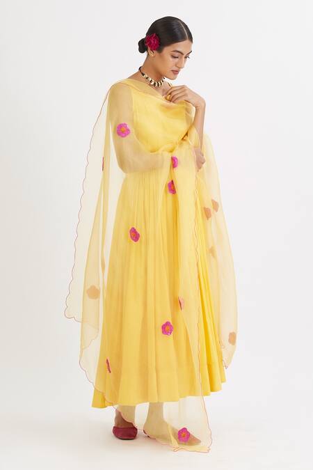 Buy Peeli Dori Yellow Rose Cotton Embroidery Round Anarkali With Dupatta Online at Aza Fashions Buy_Peeli Dori_Yellow Rose Cotton Embroidery Round Anarkali With Dupatta _Online_at_Aza_Fashions