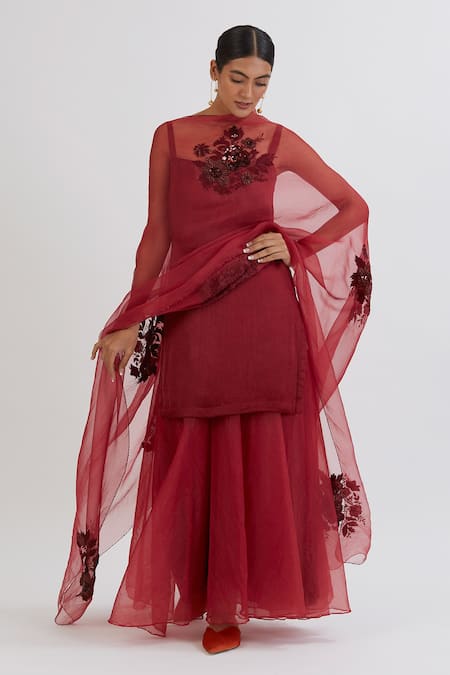 Peeli Dori Maroon Kurta Silk Embroidery Sweetheart Neck Straight And Sharara Set