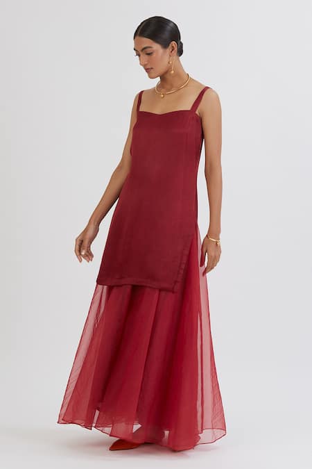 Shop_Peeli Dori_Maroon Kurta Silk Embroidery Sweetheart Neck Straight And Sharara Set _Online_at_Aza_Fashions