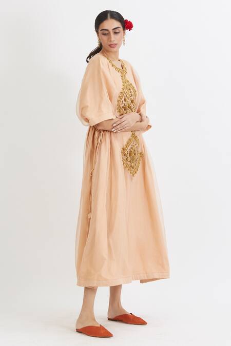 Peeli Dori_Peach Silk Organza, Lining Cotton Satin Round Embroidered Kaftan _Online_at_Aza_Fashions