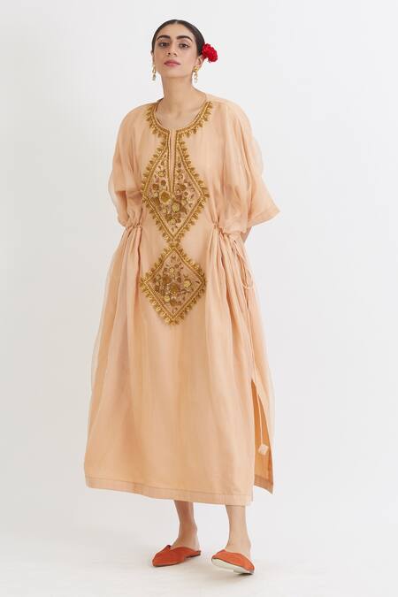 Buy_Peeli Dori_Peach Silk Organza, Lining Cotton Satin Round Embroidered Kaftan _Online_at_Aza_Fashions