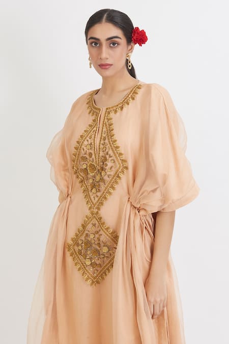 Peeli Dori_Peach Silk Organza, Lining Cotton Satin Round Embroidered Kaftan _at_Aza_Fashions
