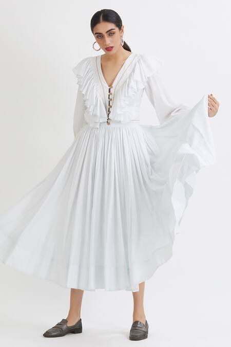 Buy_Peeli Dori_Blue Rose Cotton V Neck Ruffle Midi Dress _Online_at_Aza_Fashions