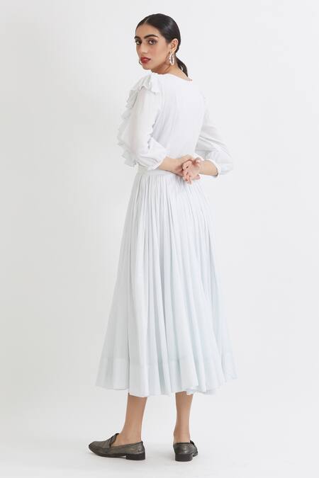Peeli Dori_Blue Rose Cotton V Neck Ruffle Midi Dress _Online_at_Aza_Fashions