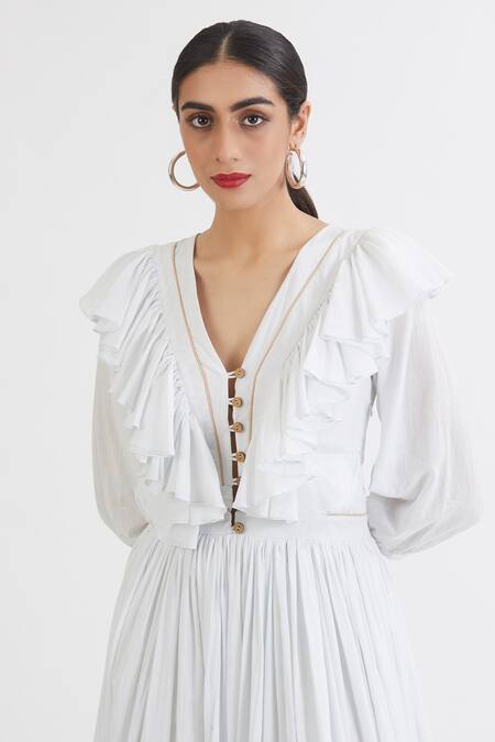 Shop_Peeli Dori_Blue Rose Cotton V Neck Ruffle Midi Dress _Online_at_Aza_Fashions