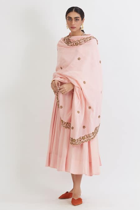 Peeli Dori Pink Rose Cotton Embroidery Round Anarkali With Chanderi Dupatta