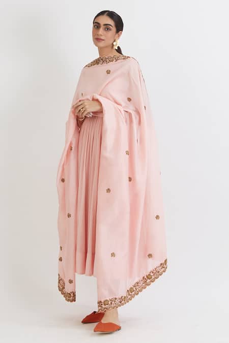 Peeli Dori_Pink Rose Cotton Embroidery Round Anarkali With Chanderi Dupatta _Online_at_Aza_Fashions