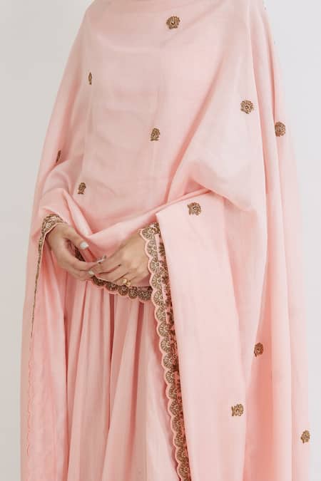 Peeli Dori_Pink Rose Cotton Embroidery Round Anarkali With Chanderi Dupatta _at_Aza_Fashions