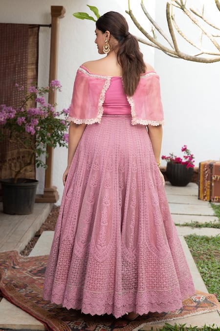 Shop_Jade By Monica & Karishma_Pink Organza, Tulle Thread Work One Cape Choli And Embroidered Lehenga Set _at_Aza_Fashions