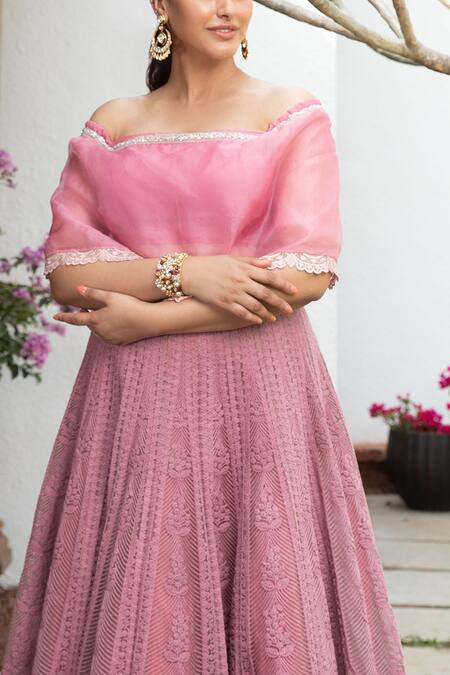 Jade By Monica & Karishma_Pink Organza, Tulle Thread Work One Cape Choli And Embroidered Lehenga Set _Online_at_Aza_Fashions