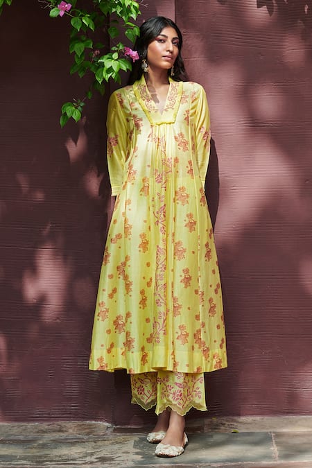 Buy Yellow Kurta Chanderi Pant Cotton Embroidery V Neck Printed Set For ...