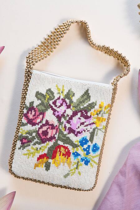 Shop The Leather Garden White Embellished Handmade Floral Bead Handbag Online at Aza Fashions Shop_The Leather Garden_White Embellished Handmade Floral Bead Handbag _Online_at_Aza_Fashions