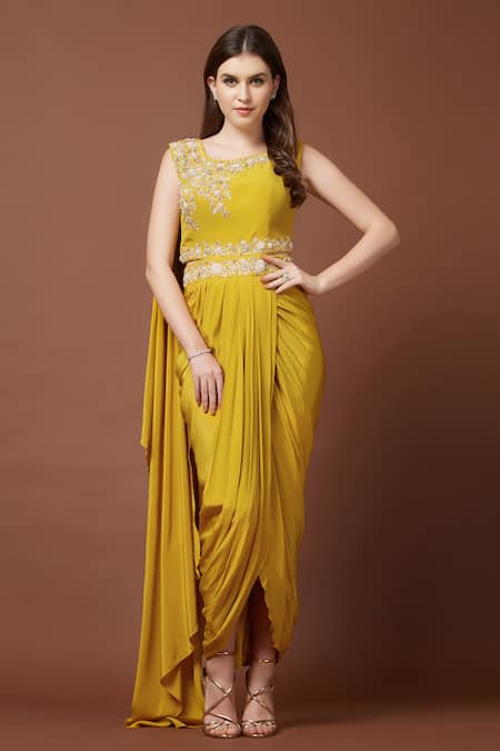 Buy Aayushi Maniar Yellow Crepe Silk Round Draped Gown Online at Aza Fashions Buy_Aayushi Maniar_Yellow Crepe Silk Round Draped Gown _Online_at_Aza_Fashions