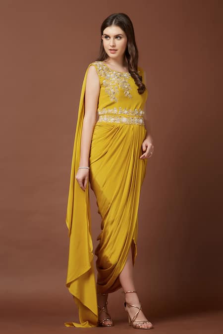 Aayushi Maniar Yellow Crepe Silk Round Draped Gown Online at Aza Fashions Aayushi Maniar_Yellow Crepe Silk Round Draped Gown _Online_at_Aza_Fashions