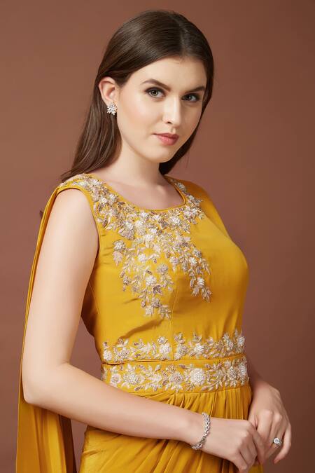 Shop Aayushi Maniar Yellow Crepe Silk Round Draped Gown Online at Aza Fashions Shop_Aayushi Maniar_Yellow Crepe Silk Round Draped Gown _Online_at_Aza_Fashions