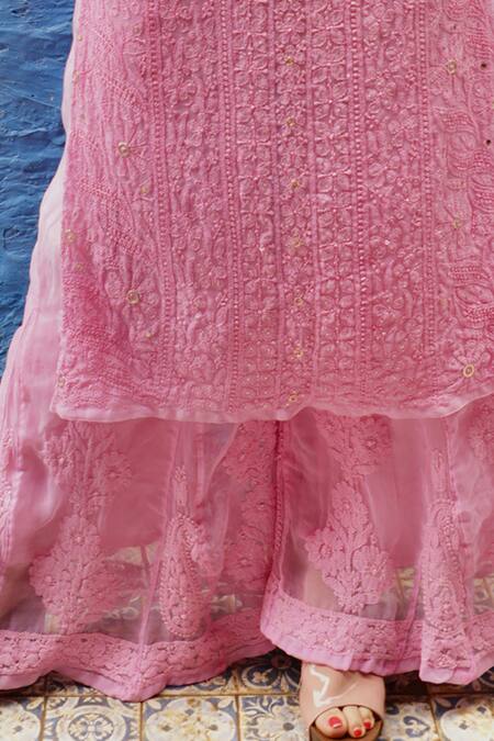 Shop_LABEL AISHWARYRIKA_Pink Chiffon, Georgette Chikankari, Mukaish, Ring Leaf Neck Kurta Palazzo Set _Online_at_Aza_Fashions