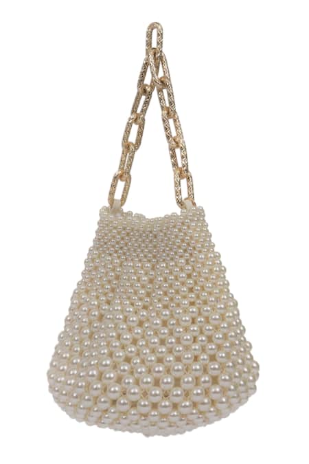 The Leather Garden_White Beads Embellished Handbag _Online_at_Aza_Fashions