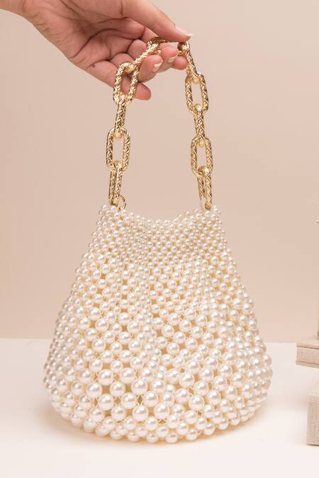 Buy_The Leather Garden_White Beads Embellished Handbag _Online_at_Aza_Fashions