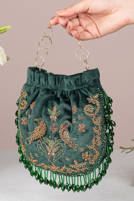 The Leather Garden Green Embellished Potli Bag 