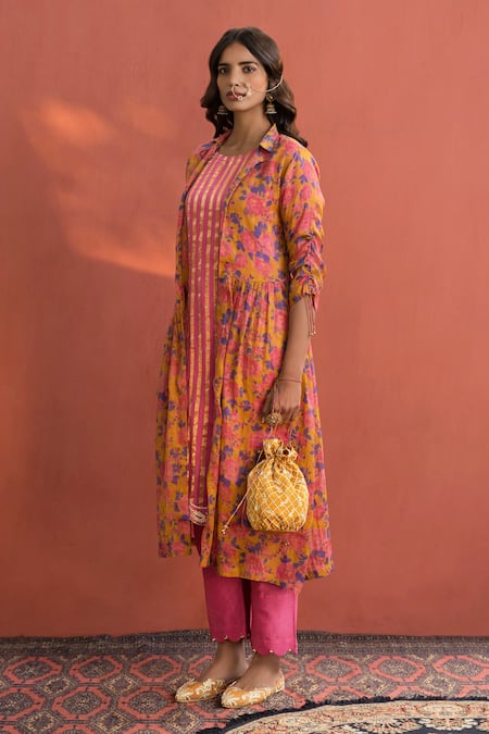 Naaz By Noor Pink , Printed Zari, Striped Round Jacket And Pant Set Online at Aza Fashions Naaz By Noor_Pink , Printed Zari, Striped Round Jacket And Pant Set _Online_at_Aza_Fashions