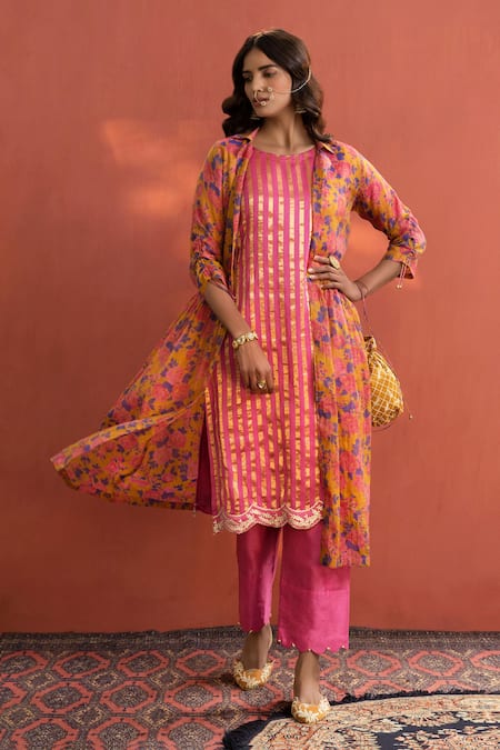 Buy Naaz By Noor Pink , Printed Zari, Striped Round Jacket And Pant Set Online at Aza Fashions Buy_Naaz By Noor_Pink , Printed Zari, Striped Round Jacket And Pant Set _Online_at_Aza_Fashions