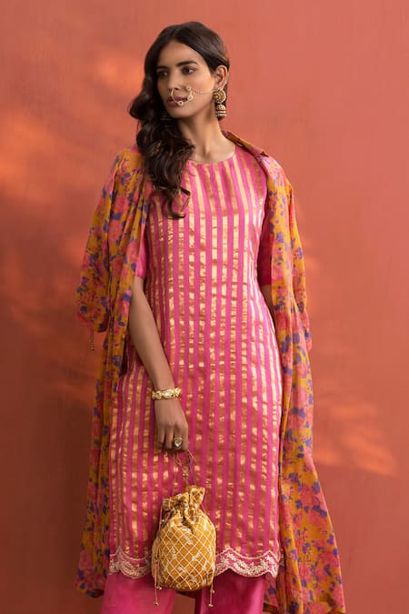 Shop Naaz By Noor Pink , Printed Zari, Striped Round Jacket And Pant Set Online at Aza Fashions Shop_Naaz By Noor_Pink , Printed Zari, Striped Round Jacket And Pant Set _Online_at_Aza_Fashions