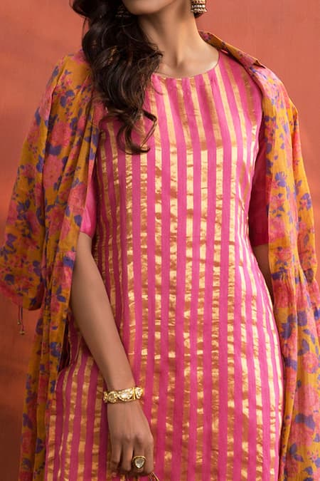 Naaz By Noor Pink , Printed Zari, Striped Round Jacket And Pant Set at Aza Fashions Naaz By Noor_Pink , Printed Zari, Striped Round Jacket And Pant Set _at_Aza_Fashions