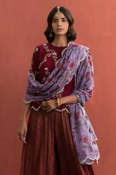 Naaz By Noor_Maroon Chanderi, Printed , Round Short Kurta And Palazzo Set_Online_at_Aza_Fashions