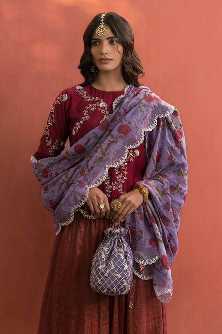 Buy_Naaz By Noor_Maroon Chanderi, Printed , Round Short Kurta And Palazzo Set_Online_at_Aza_Fashions