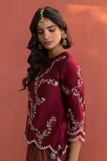 Shop_Naaz By Noor_Maroon Chanderi, Printed , Round Short Kurta And Palazzo Set_Online_at_Aza_Fashions