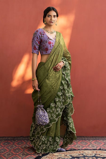 Naaz By Noor_Green Chanderi, Printed , V Neck Embroidered Saree And Blouse _Online_at_Aza_Fashions