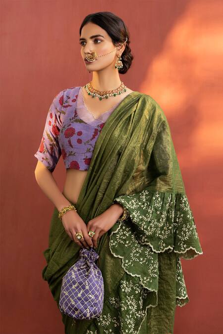 Buy_Naaz By Noor_Green Chanderi, Printed , V Neck Embroidered Saree And Blouse _Online_at_Aza_Fashions