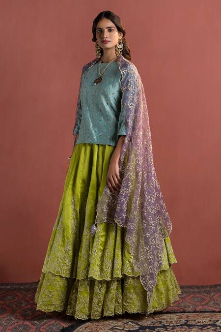 Naaz By Noor_Green Organza, Chanderi Round Embroidered Lehenga Set _Online_at_Aza_Fashions